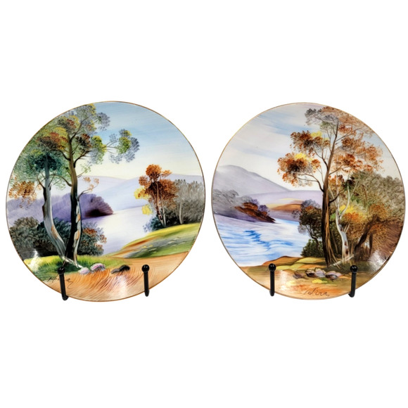 Two UCAGCO China Hand Painted Landscape Plates Gold Trim Japan 1950s Signed Art - Picture 2 of 10